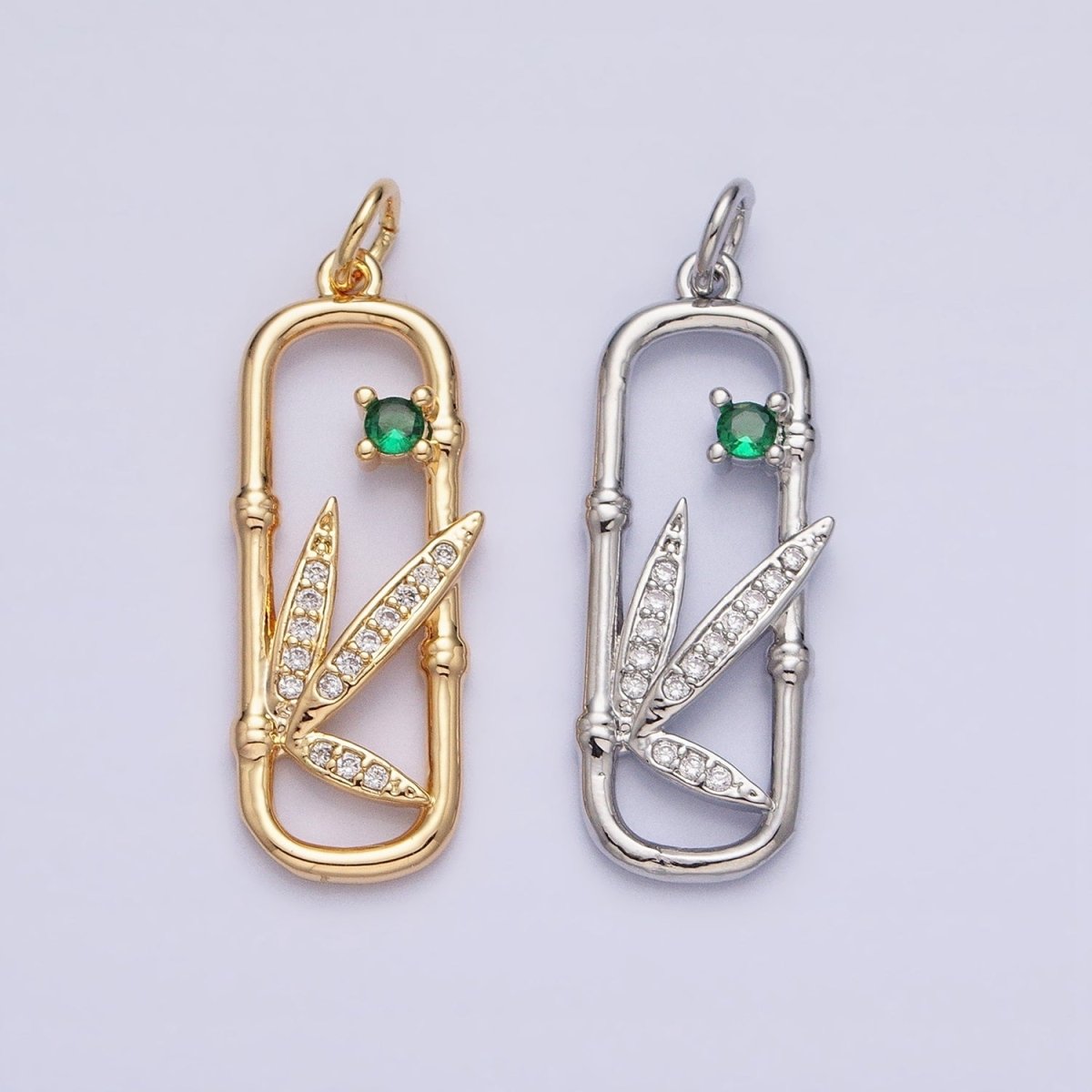 16K Gold Filled Nature Green CZ Micro Paved Leaves Bamboo Oblong Open Charm in Gold & Silver | AC968 AC969