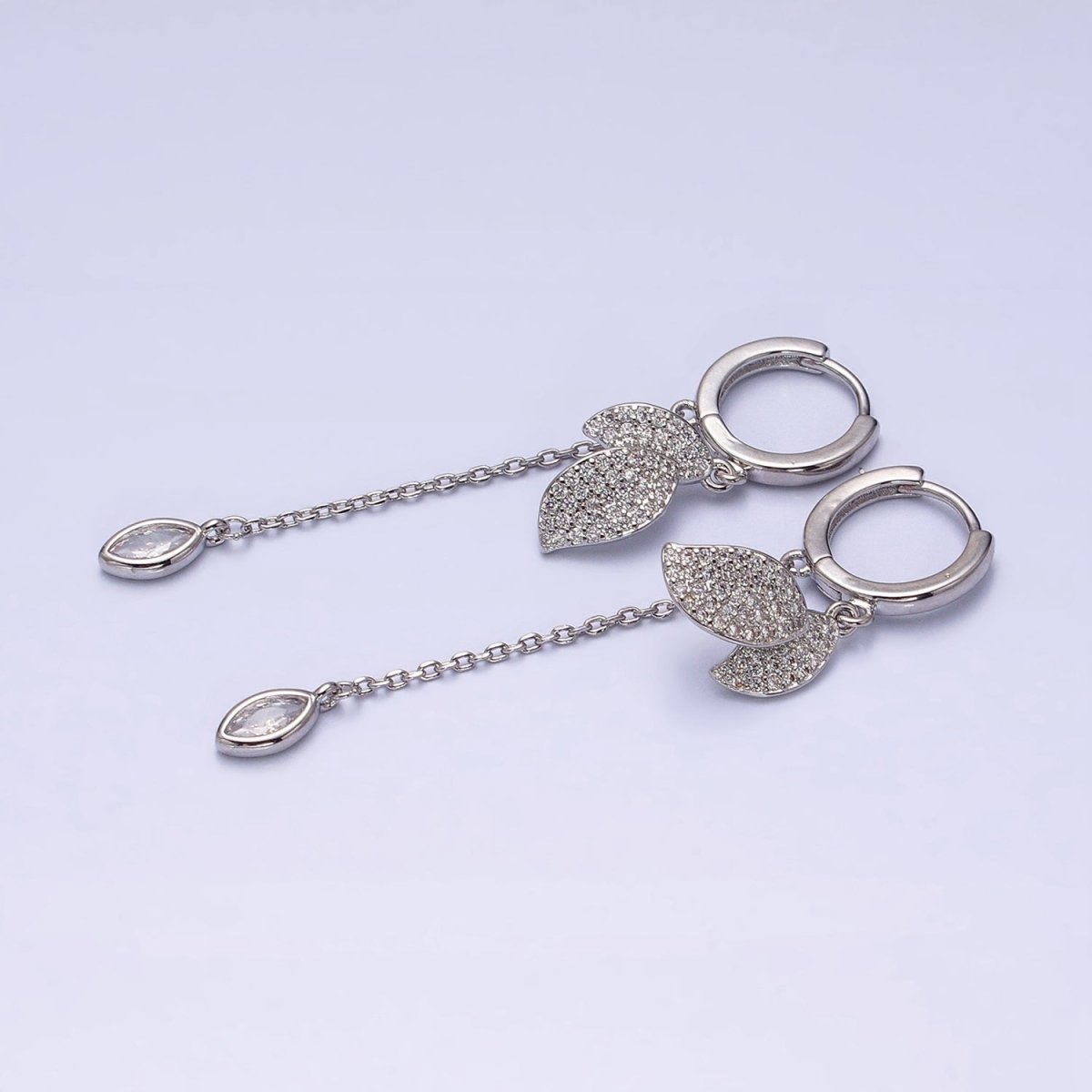 16K Gold Filled Nature Leaf Clear Marquise Cable Drop Huggie Earrings in Gold & Silver | AD863 AD864