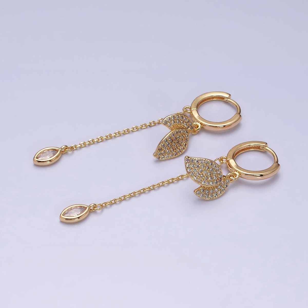 16K Gold Filled Nature Leaf Clear Marquise Cable Drop Huggie Earrings in Gold & Silver | AD863 AD864