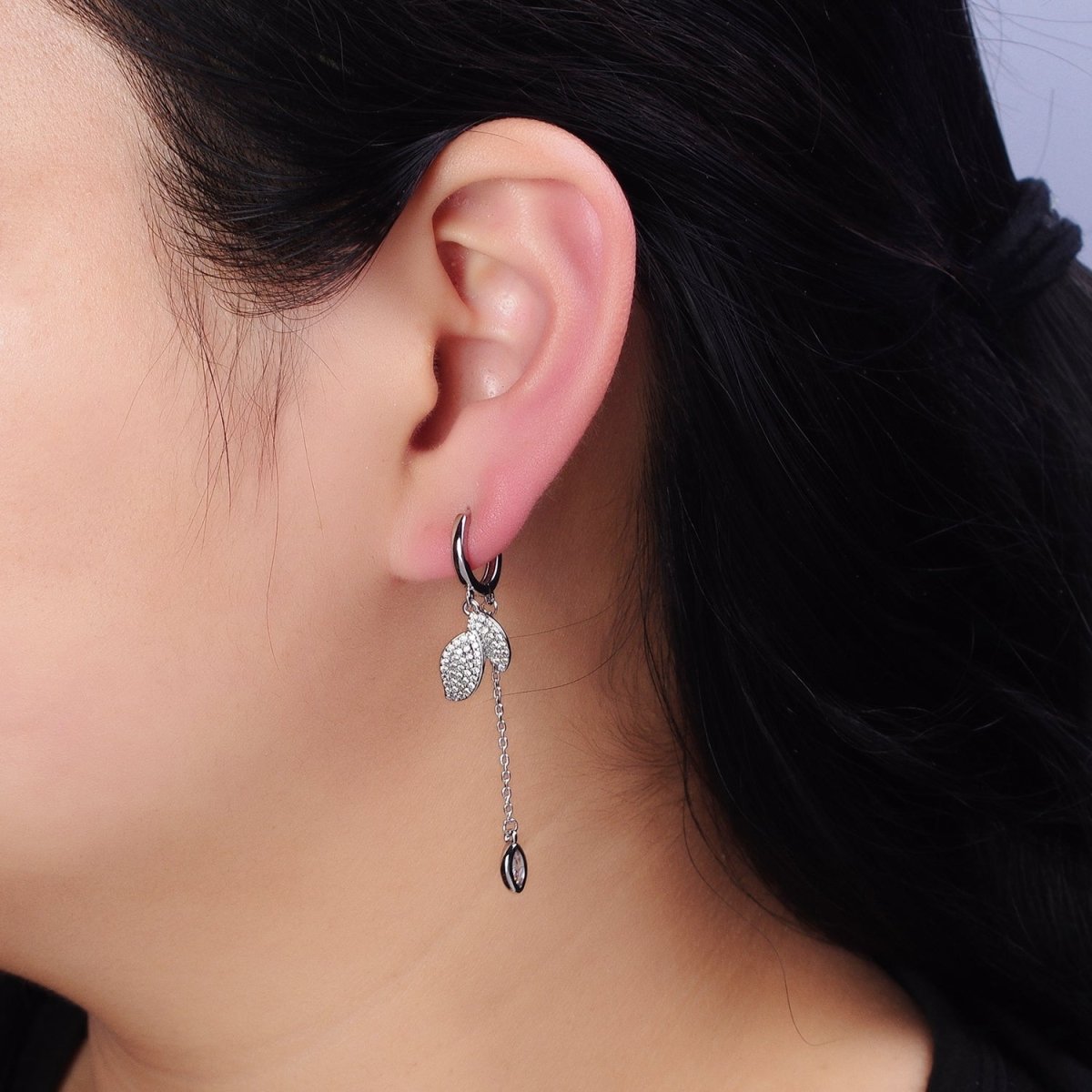 16K Gold Filled Nature Leaf Clear Marquise Cable Drop Huggie Earrings in Gold & Silver | AD863 AD864