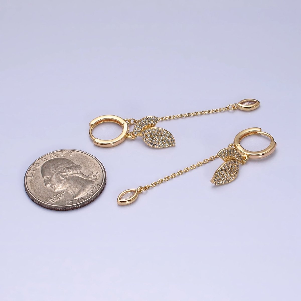 16K Gold Filled Nature Leaf Clear Marquise Cable Drop Huggie Earrings in Gold & Silver | AD863 AD864