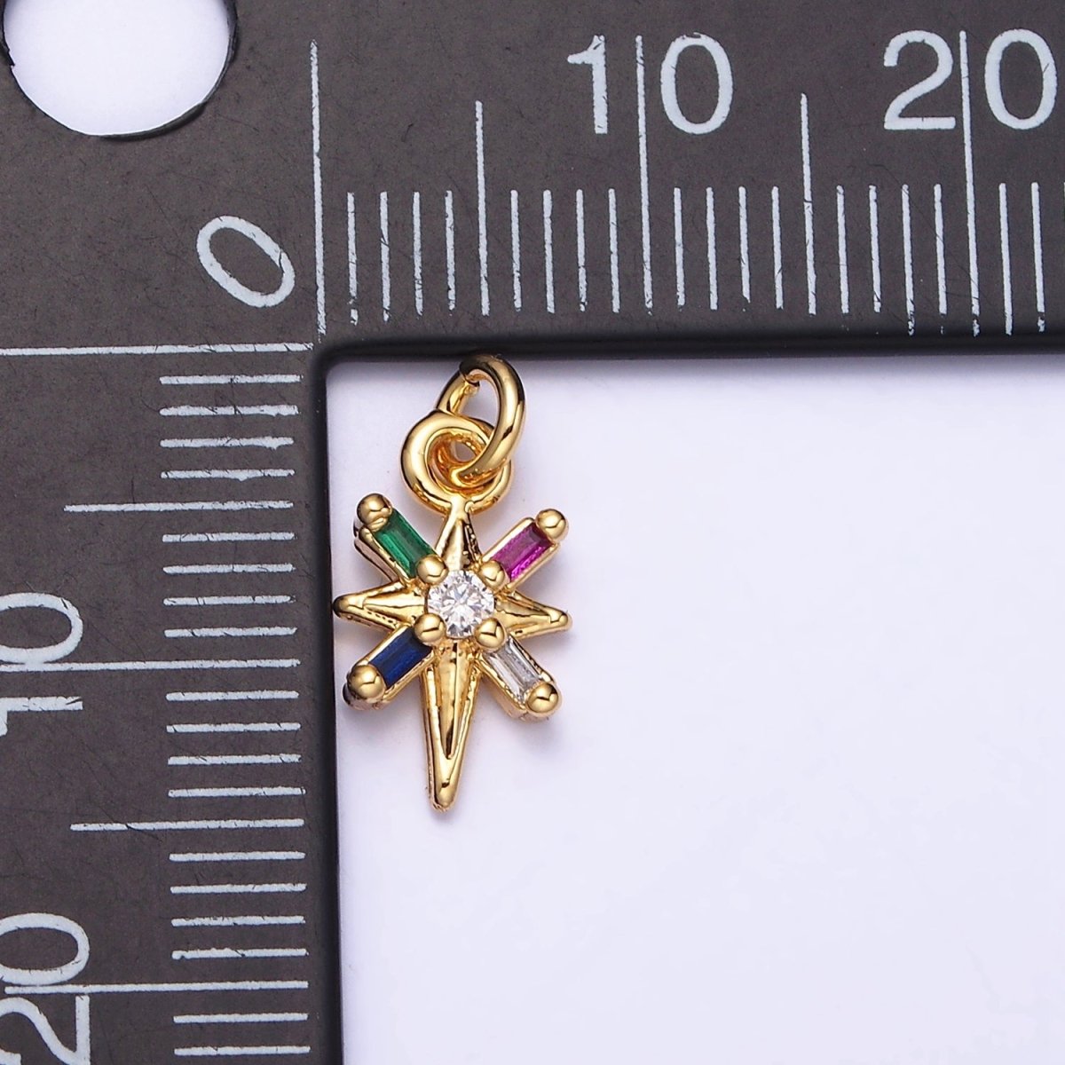 16K Gold Filled North Star Celestial Multicolor, Clear Baguette CZ Charm in Gold & Silver | AC1296 AC1297