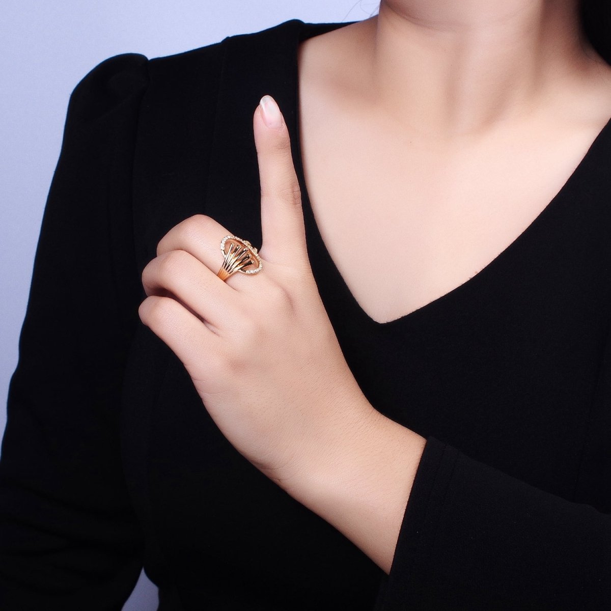 16K Gold Filled Oblong Oval Micro Paved Multiple Band Ring in Gold & Silver | O-1922 O-1923