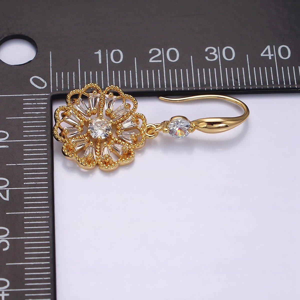 16K Gold Filled Open Flower Triangle Baguette Beaded CZ Drop French Hook Earrings in Gold & Silver | AD1548 AD1549