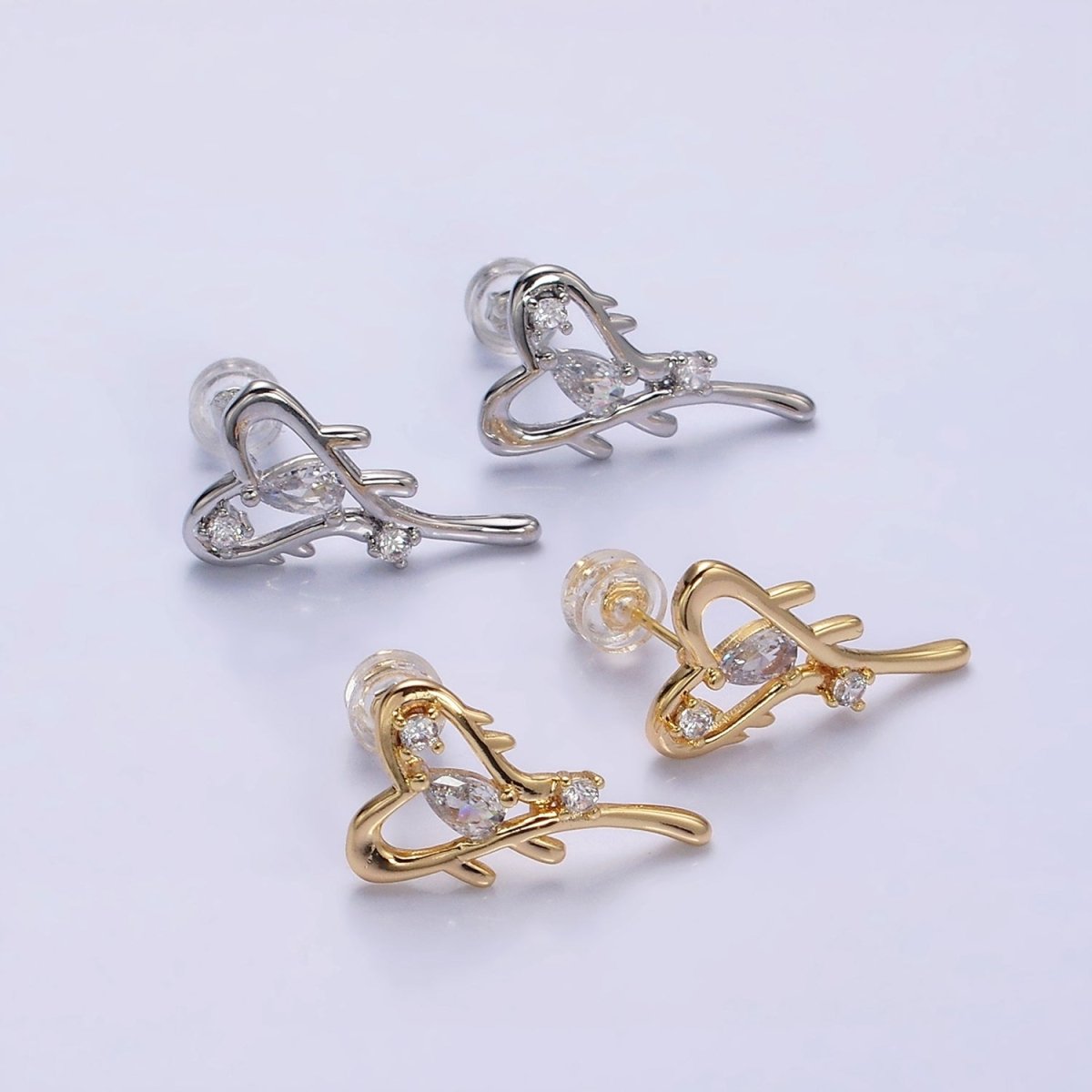 16K Gold Filled Open Heart Clear Teardrop Molten Drip Stud Earrings in Gold & Silver | AD1120 AD1121