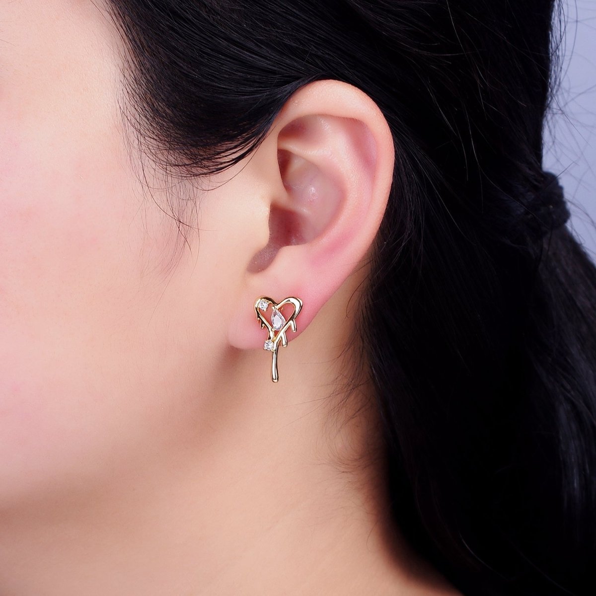 16K Gold Filled Open Heart Clear Teardrop Molten Drip Stud Earrings in Gold & Silver | AD1120 AD1121