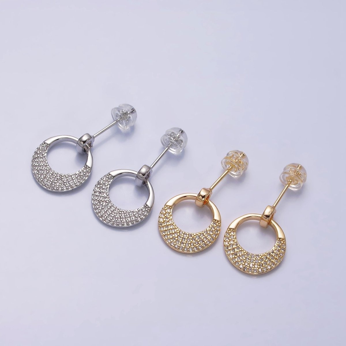 16K Gold Filled Open Micro Paved CZ Round Circle Drop Stud Earrings in Gold & Silver | AD1068 AD1069