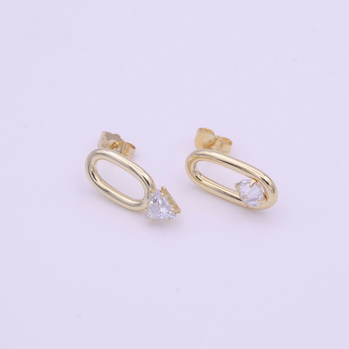 16K Gold FIlled Open Oblong Oval Triangle Round Clear CZ Geometric Stud Earrings | AD-164