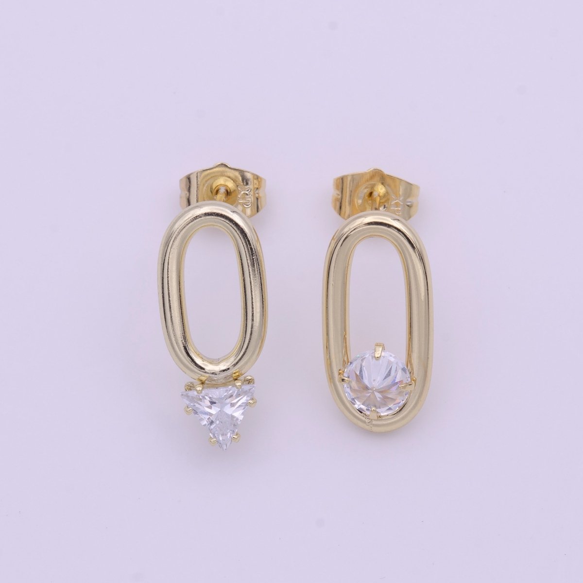 16K Gold FIlled Open Oblong Oval Triangle Round Clear CZ Geometric Stud Earrings | AD-164
