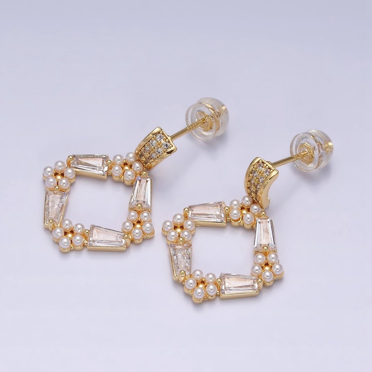 16K Gold Filled Open Rhombus Baguette Pearl Lined Micro Paved Bar Drop Stud Earrings in Gold & Silver | AD1546 AD1547