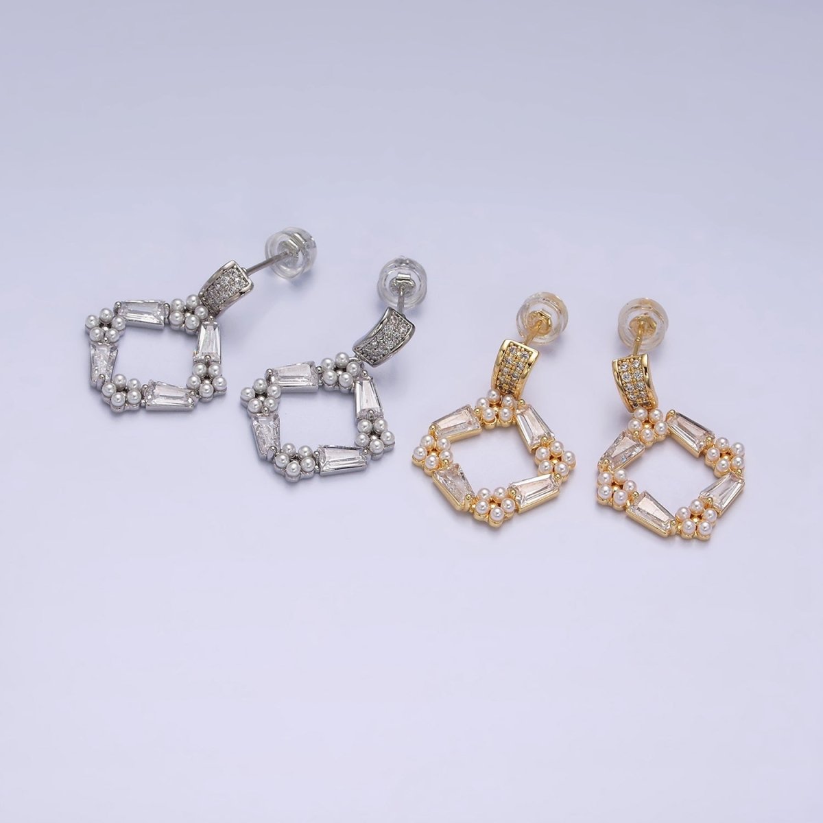 16K Gold Filled Open Rhombus Baguette Pearl Lined Micro Paved Bar Drop Stud Earrings in Gold & Silver | AD1546 AD1547