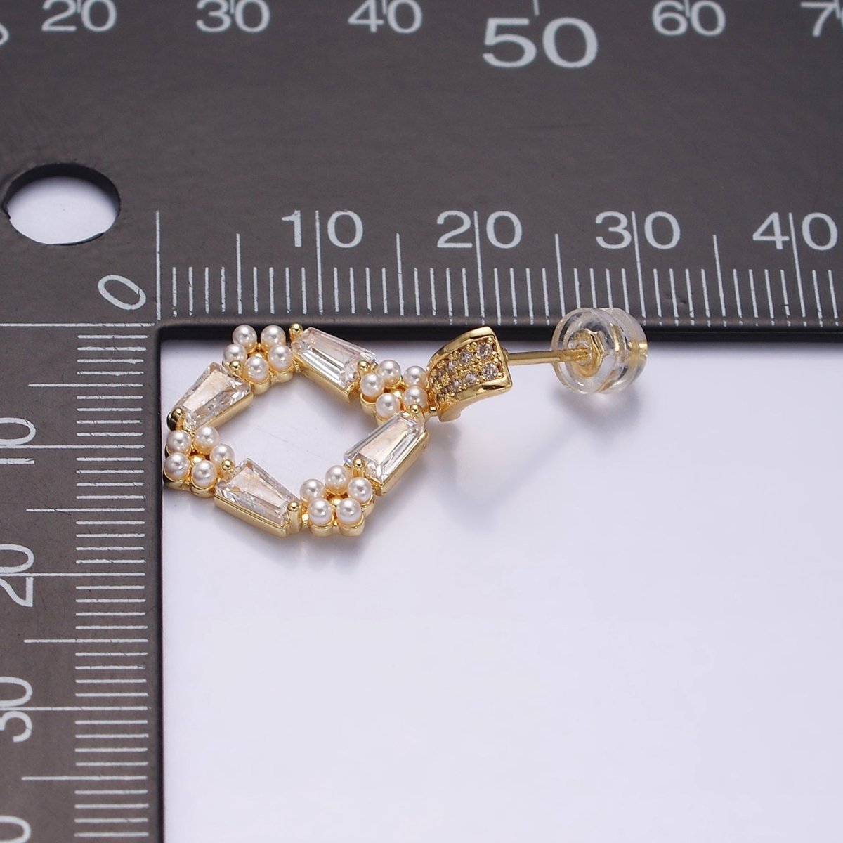 16K Gold Filled Open Rhombus Baguette Pearl Lined Micro Paved Bar Drop Stud Earrings in Gold & Silver | AD1546 AD1547