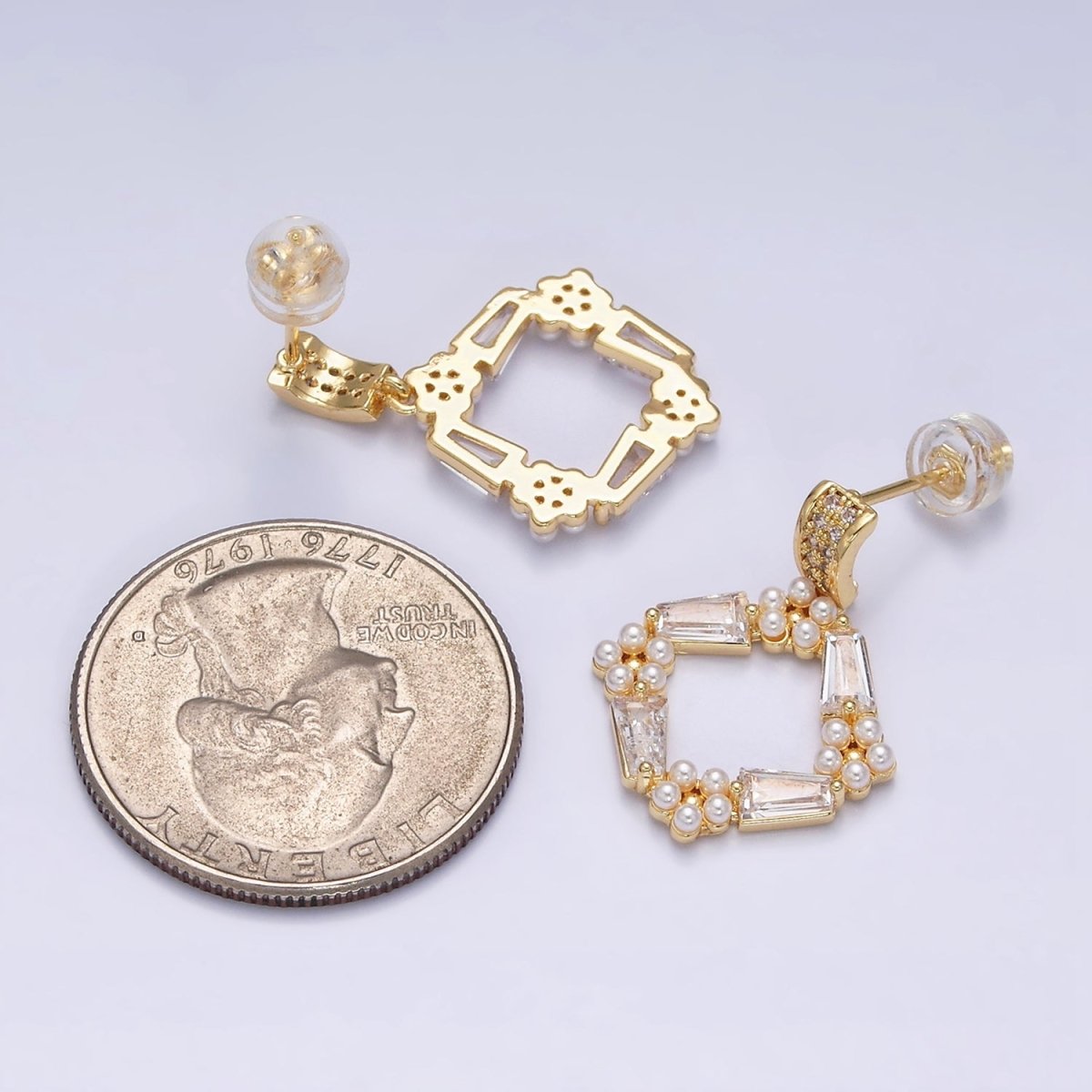 16K Gold Filled Open Rhombus Baguette Pearl Lined Micro Paved Bar Drop Stud Earrings in Gold & Silver | AD1546 AD1547