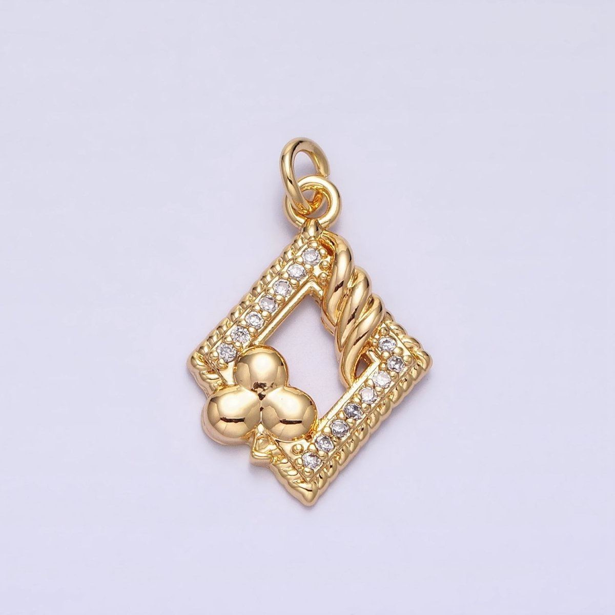 16K Gold Filled Open Rhombus Micro Paved Twisted Clubs Card Charm in Gold & Silver | AC1251 AC1252