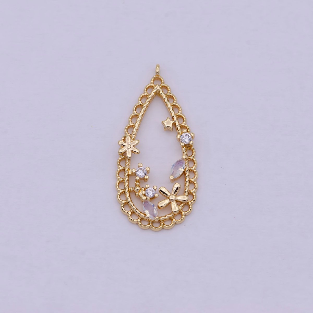 16K Gold Filled CZ Flowers Open Geometric Teardrop Charm | C434