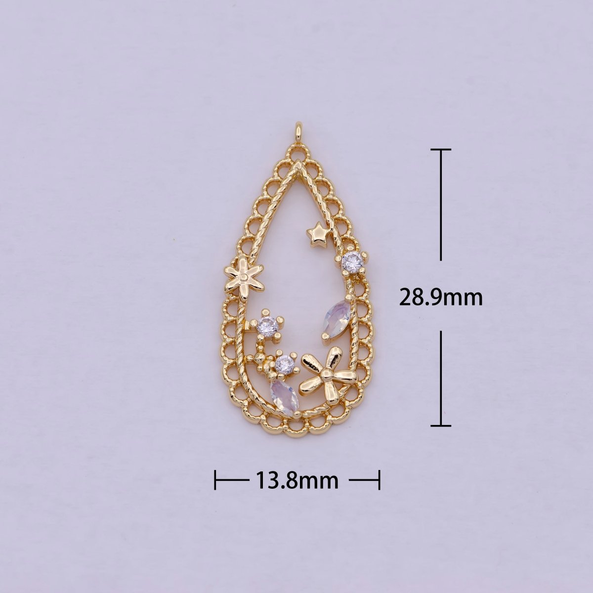 16K Gold Filled CZ Flowers Open Geometric Teardrop Charm | C434
