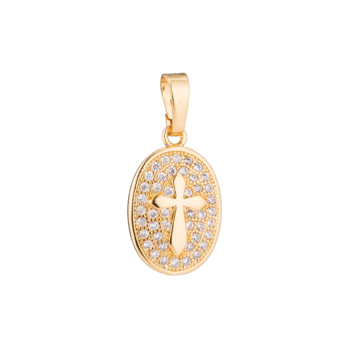 16K Gold Filled Passion Cross Micro Paved CZ Oval Pendant | H096
