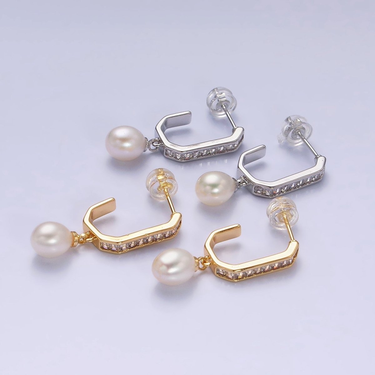 16K Gold Filled Pearl Baguette Lined Hexagonal J-Shaped Drop Earrings in Gold & Silver | AD1130 AD1131