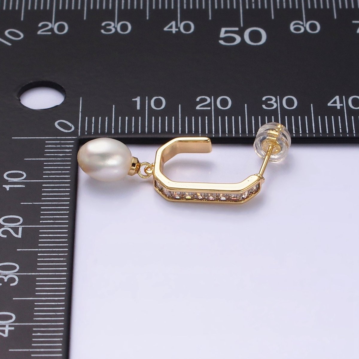 16K Gold Filled Pearl Baguette Lined Hexagonal J-Shaped Drop Earrings in Gold & Silver | AD1130 AD1131
