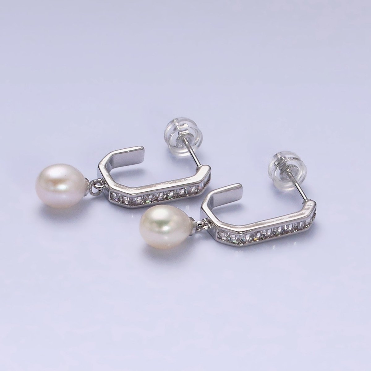 16K Gold Filled Pearl Baguette Lined Hexagonal J-Shaped Drop Earrings in Gold & Silver | AD1130 AD1131