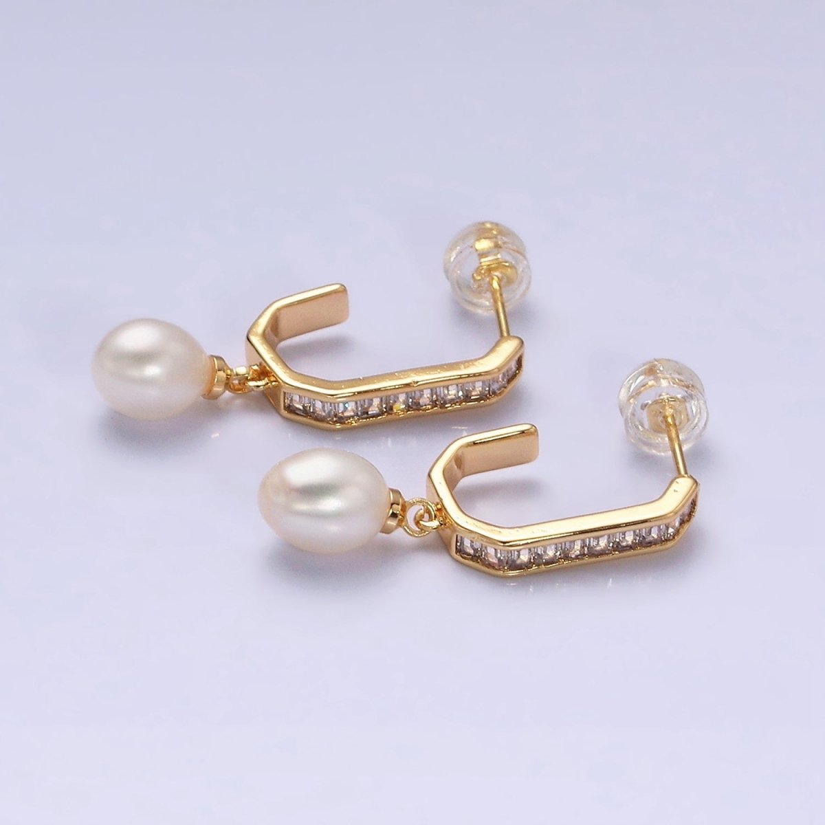 16K Gold Filled Pearl Baguette Lined Hexagonal J-Shaped Drop Earrings in Gold & Silver | AD1130 AD1131