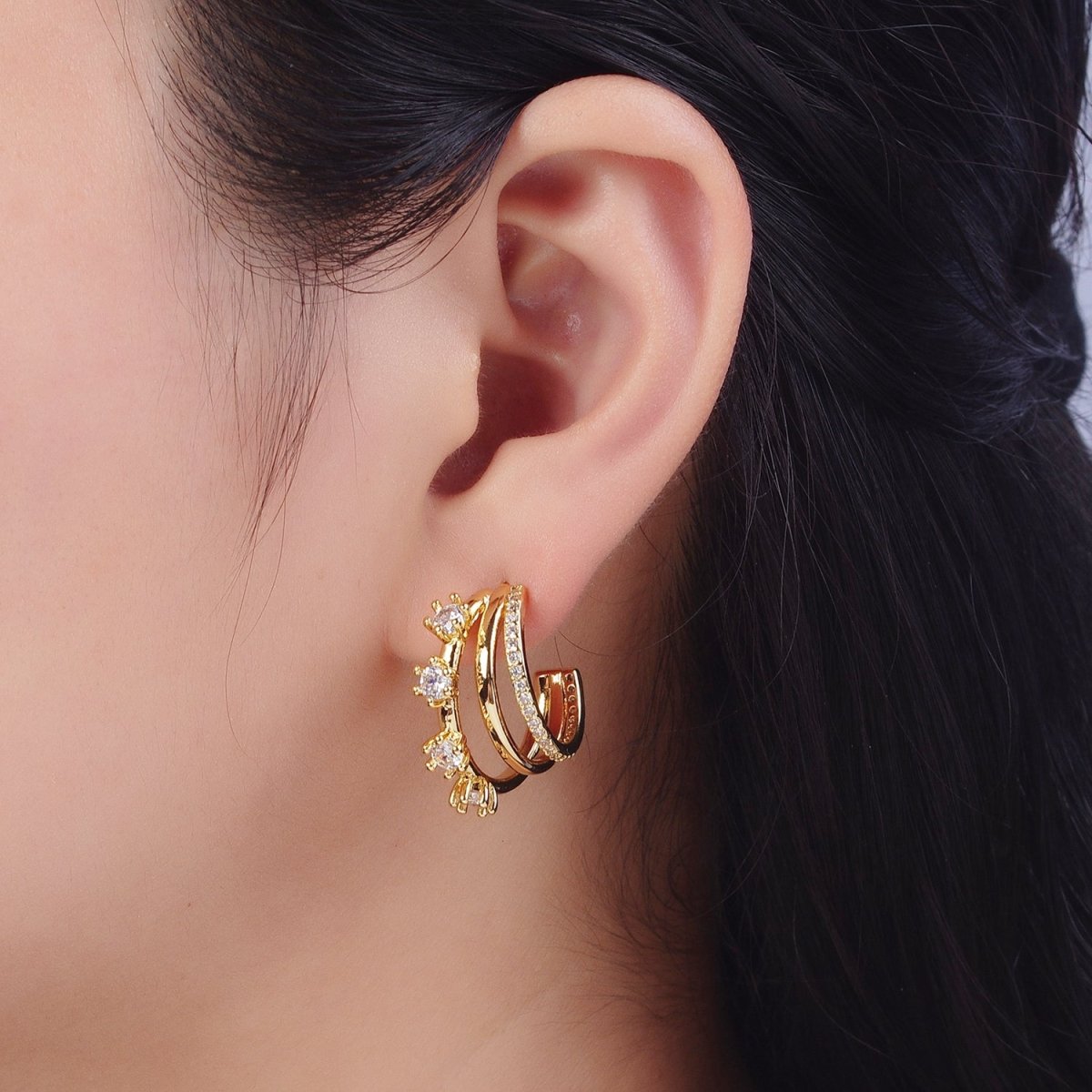 16K Gold Filled Pearl CZ Micro Paved Triple Band C-Shaped Mismatched Hoop Earrings | AE544