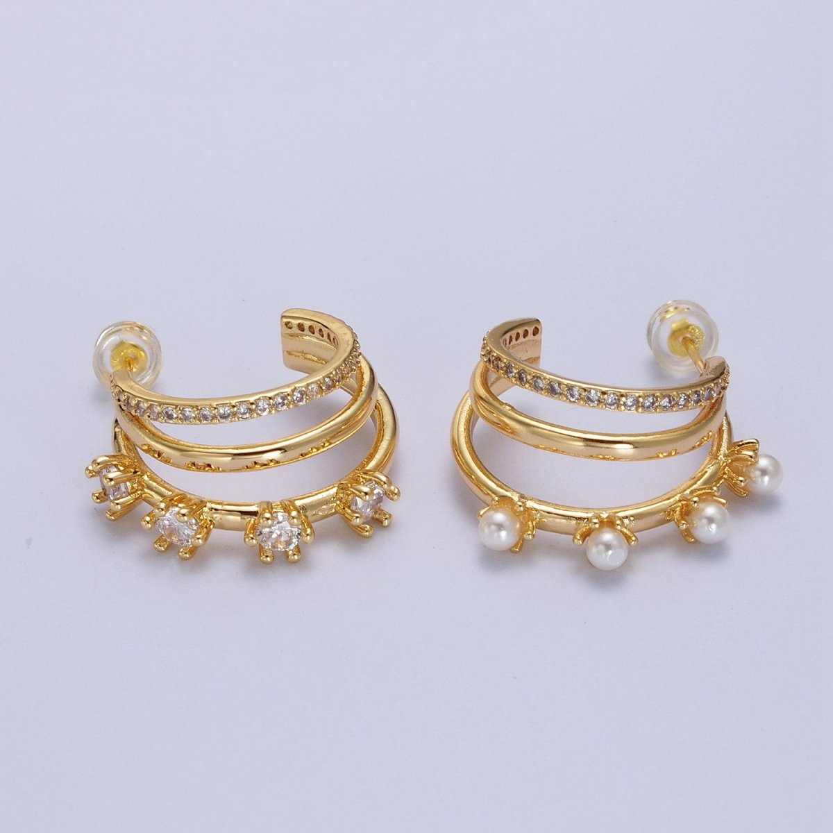16K Gold Filled Pearl CZ Micro Paved Triple Band C-Shaped Mismatched Hoop Earrings | AE544