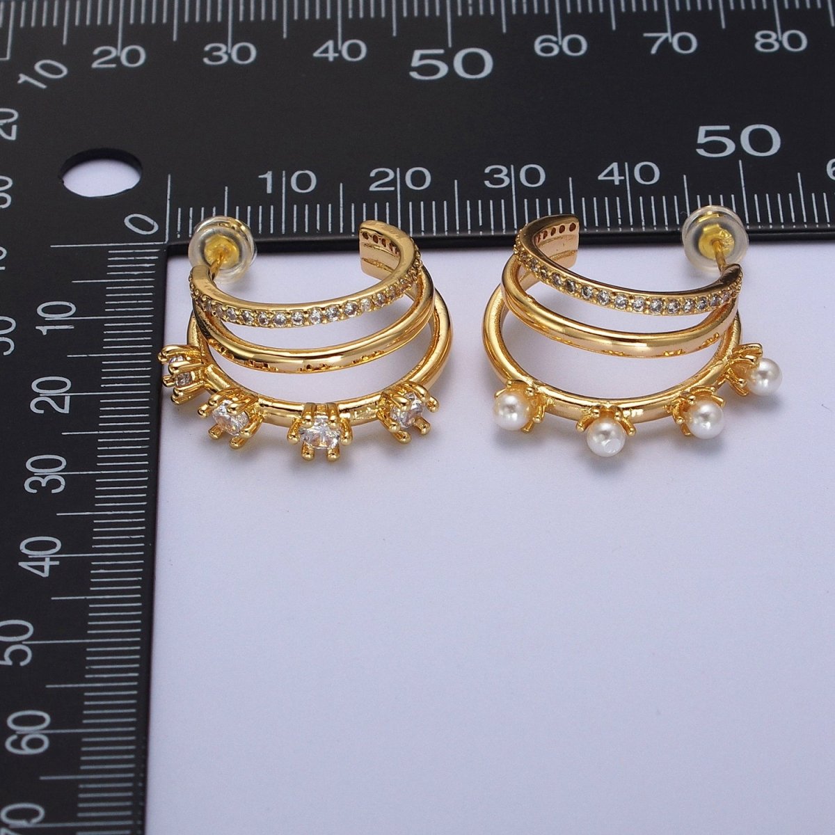 16K Gold Filled Pearl CZ Micro Paved Triple Band C-Shaped Mismatched Hoop Earrings | AE544