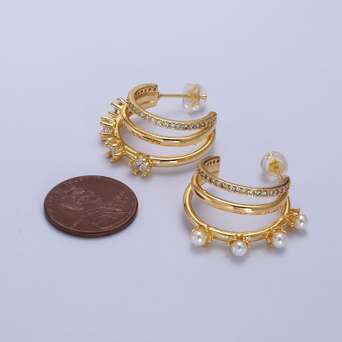 16K Gold Filled Pearl CZ Micro Paved Triple Band C-Shaped Mismatched Hoop Earrings | AE544