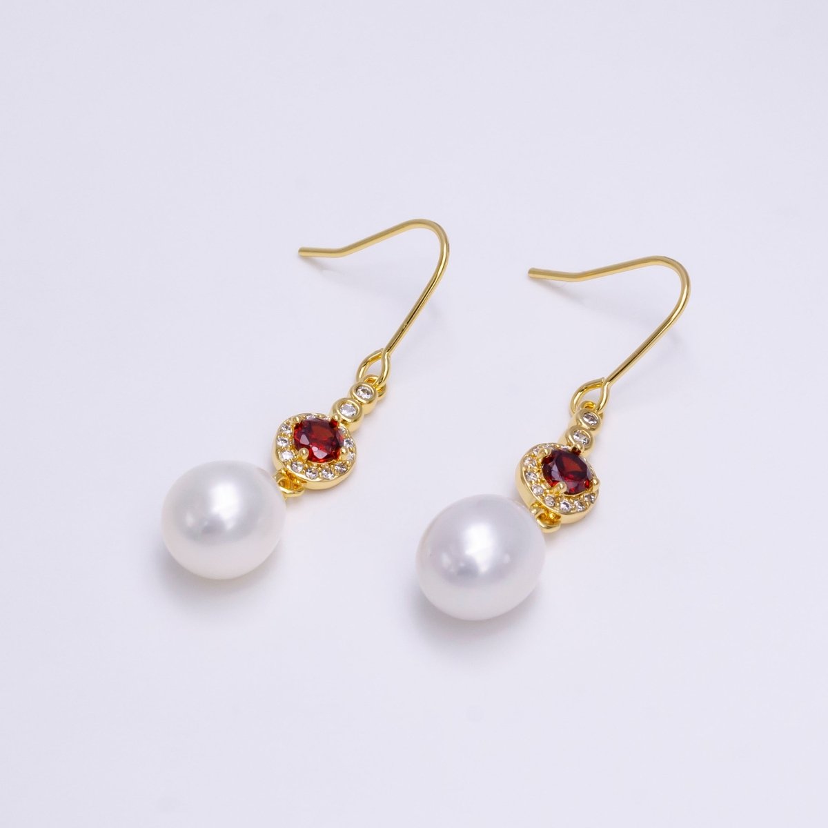 16K Gold Filled Pearl Drop Micro Paved Round Red CZ French Hook Earrings | AE776