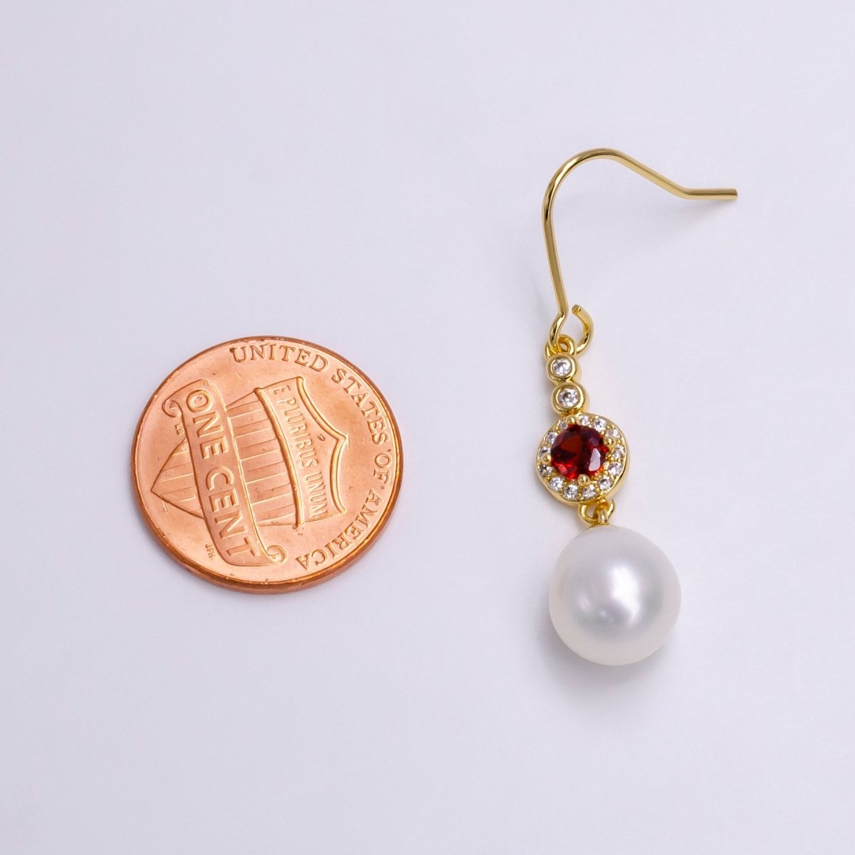 16K Gold Filled Pearl Drop Micro Paved Round Red CZ French Hook Earrings | AE776