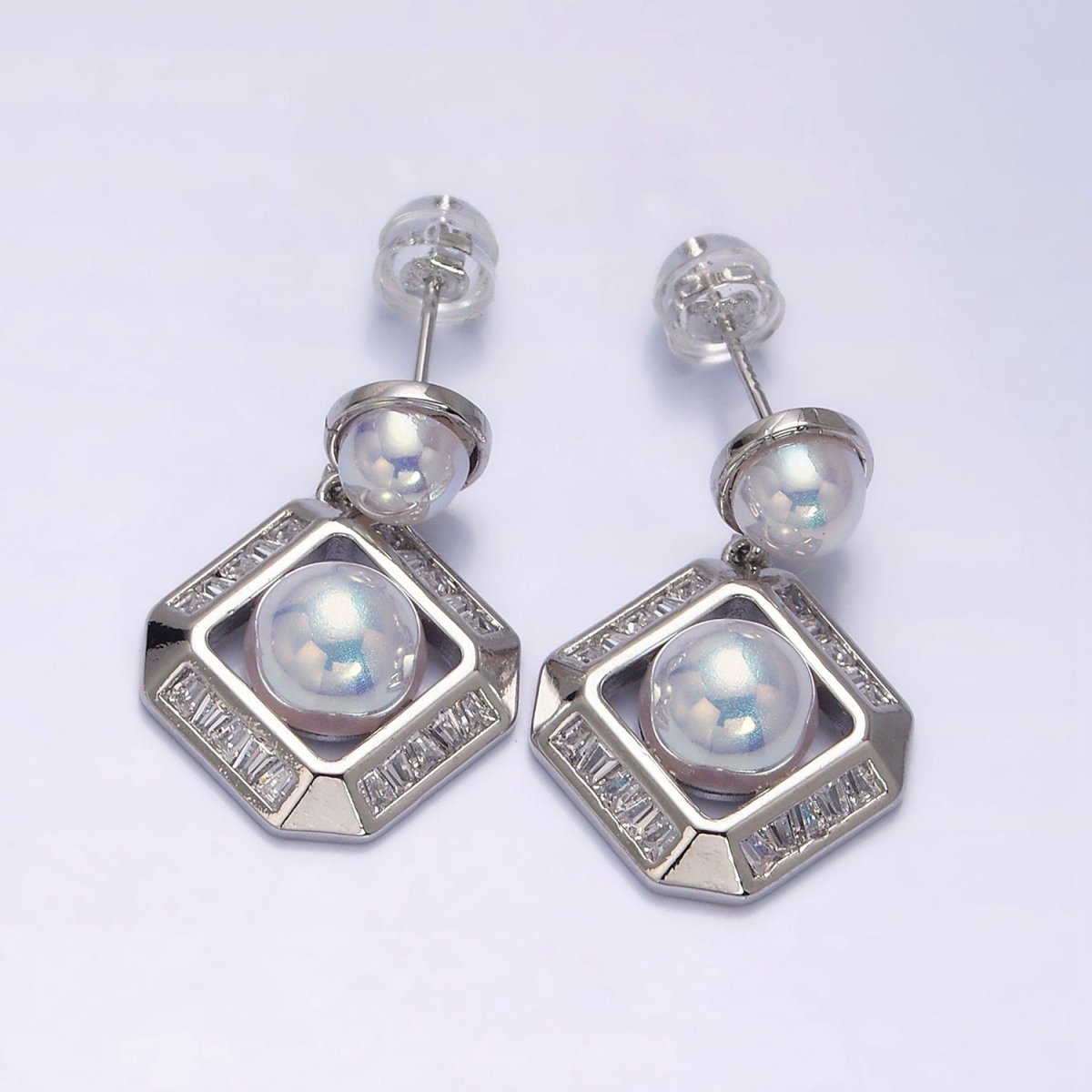 16K Gold Filled Pearl Edged Rhombus Baguette Lined Drop Stud Earrings in Gold & Silver | AD-323 AD-324