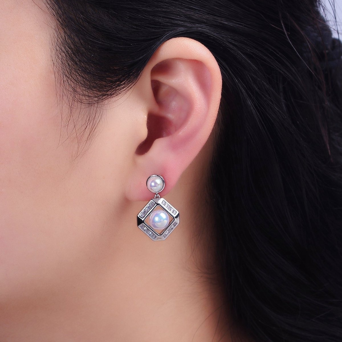 16K Gold Filled Pearl Edged Rhombus Baguette Lined Drop Stud Earrings in Gold & Silver | AD-323 AD-324