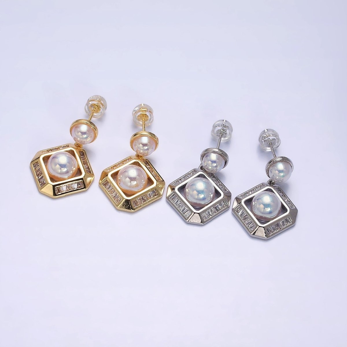 16K Gold Filled Pearl Edged Rhombus Baguette Lined Drop Stud Earrings in Gold & Silver | AD-323 AD-324