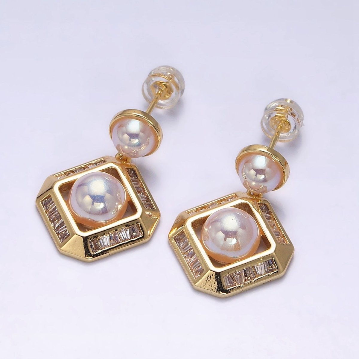 16K Gold Filled Pearl Edged Rhombus Baguette Lined Drop Stud Earrings in Gold & Silver | AD-323 AD-324