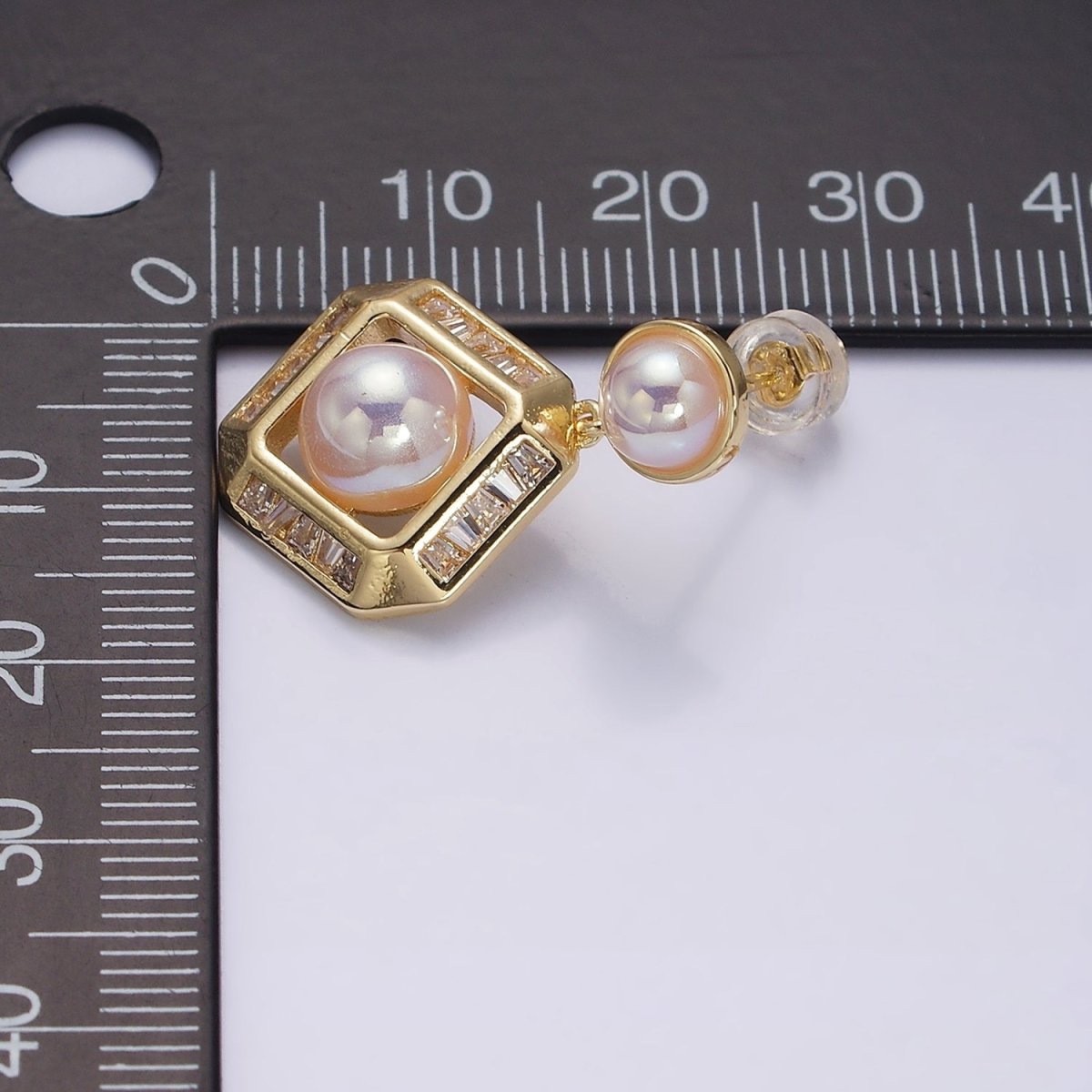 16K Gold Filled Pearl Edged Rhombus Baguette Lined Drop Stud Earrings in Gold & Silver | AD-323 AD-324