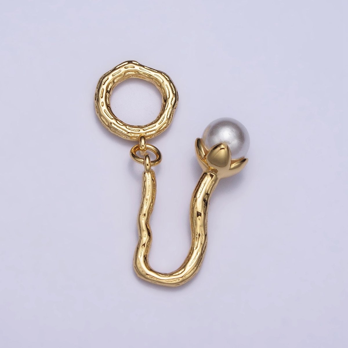 16K Gold Filled Pearl Flower Wood-Textured Branch Open Round Charm | AC1057