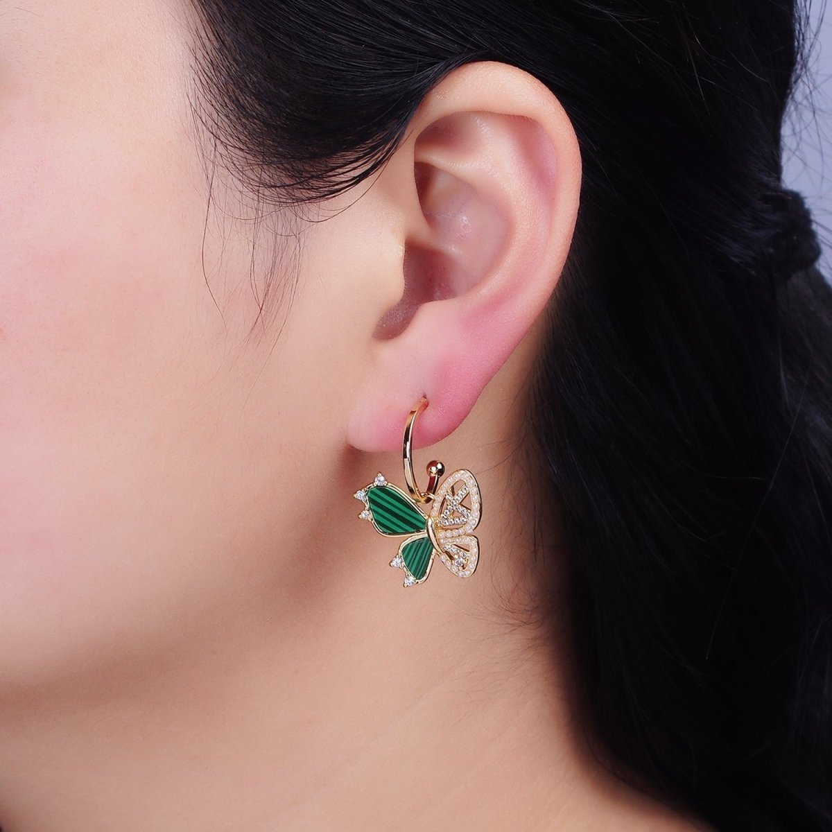 16K Gold Filled Pearl Malachite Butterfly Wings Drop C-Shaped Hoop Earrings in Gold & Silver | AD976 AD977