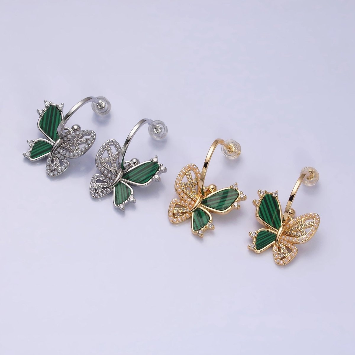 16K Gold Filled Pearl Malachite Butterfly Wings Drop C-Shaped Hoop Earrings in Gold & Silver | AD976 AD977