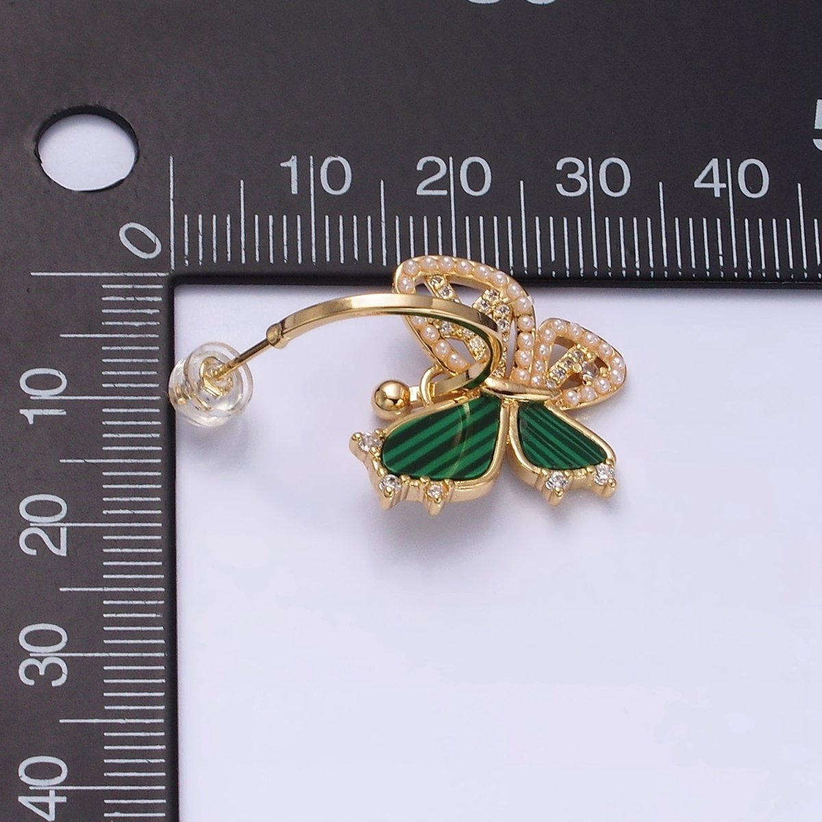 16K Gold Filled Pearl Malachite Butterfly Wings Drop C-Shaped Hoop Earrings in Gold & Silver | AD976 AD977