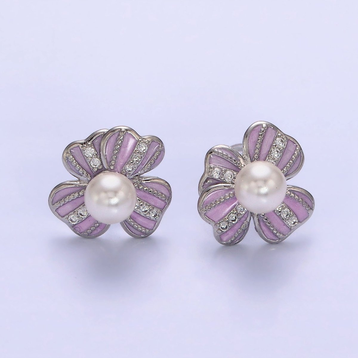 16K Gold Filled Pearl Ribbon Flower Pink Enamel Micro Paved CZ Stud Earrings in Gold & Silver | AD-453 AD-454