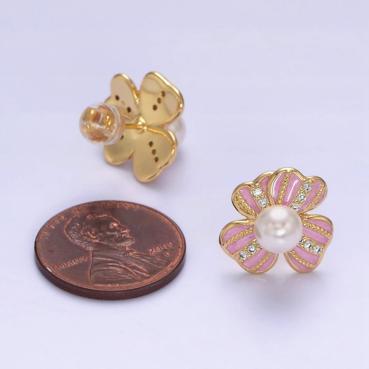 16K Gold Filled Pearl Ribbon Flower Pink Enamel Micro Paved CZ Stud Earrings in Gold & Silver | AD-453 AD-454