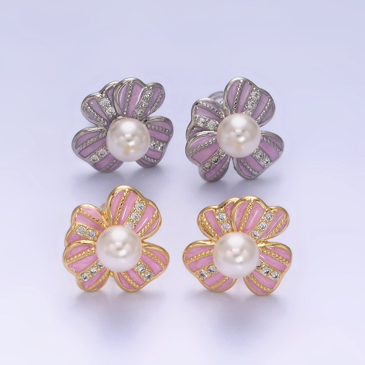16K Gold Filled Pearl Ribbon Flower Pink Enamel Micro Paved CZ Stud Earrings in Gold & Silver | AD-453 AD-454