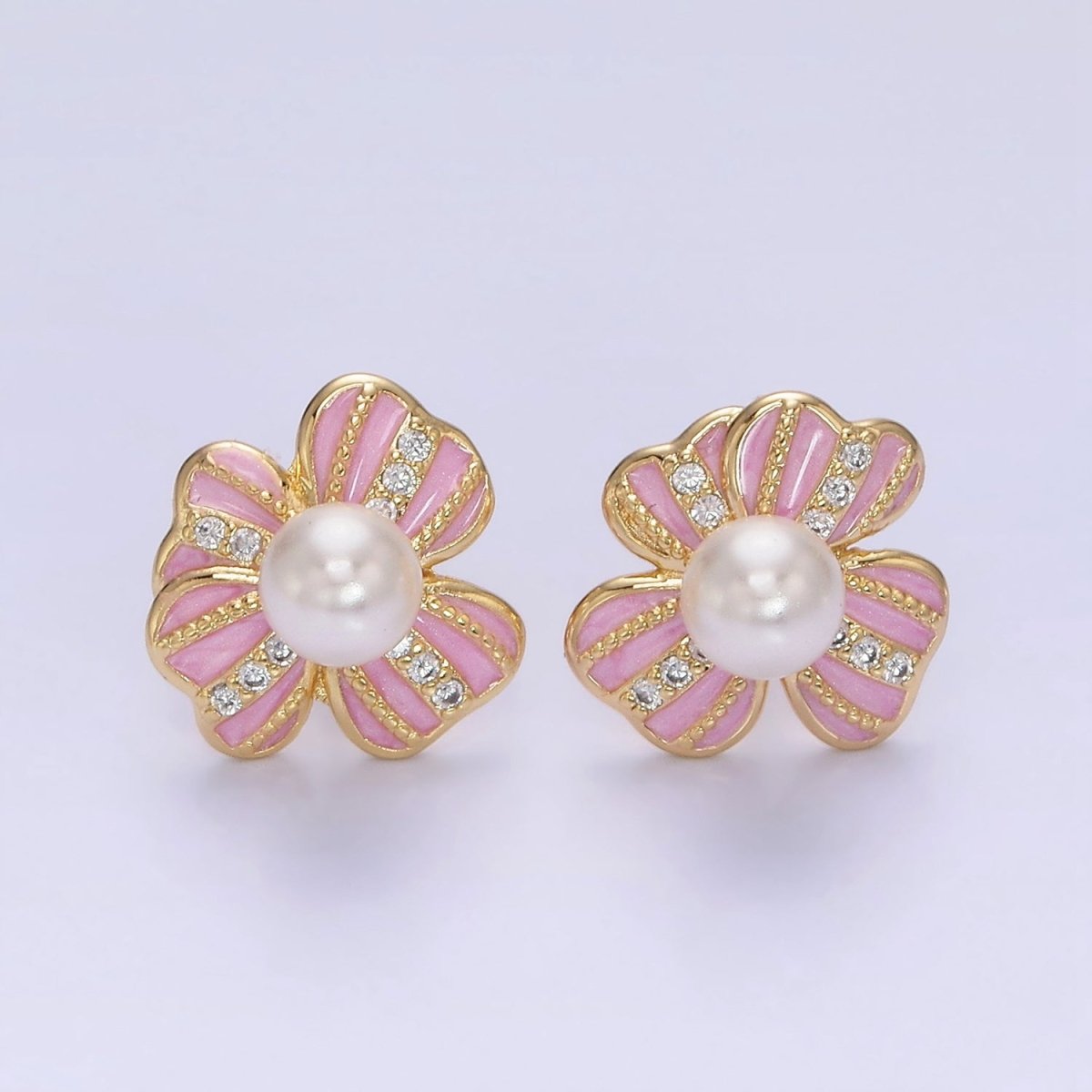 16K Gold Filled Pearl Ribbon Flower Pink Enamel Micro Paved CZ Stud Earrings in Gold & Silver | AD-453 AD-454