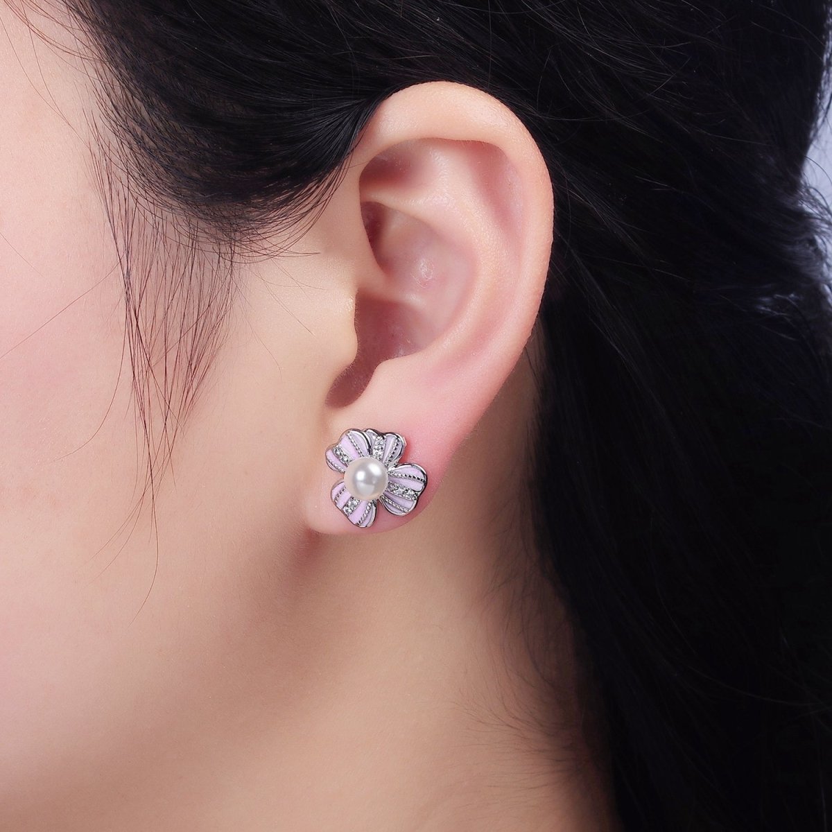 16K Gold Filled Pearl Ribbon Flower Pink Enamel Micro Paved CZ Stud Earrings in Gold & Silver | AD-453 AD-454