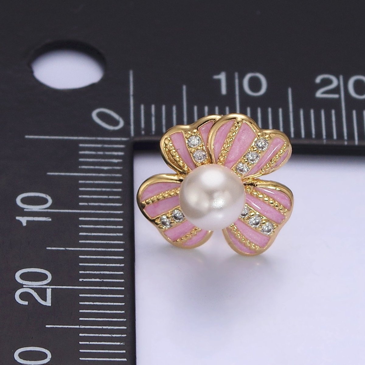 16K Gold Filled Pearl Ribbon Flower Pink Enamel Micro Paved CZ Stud Earrings in Gold & Silver | AD-453 AD-454