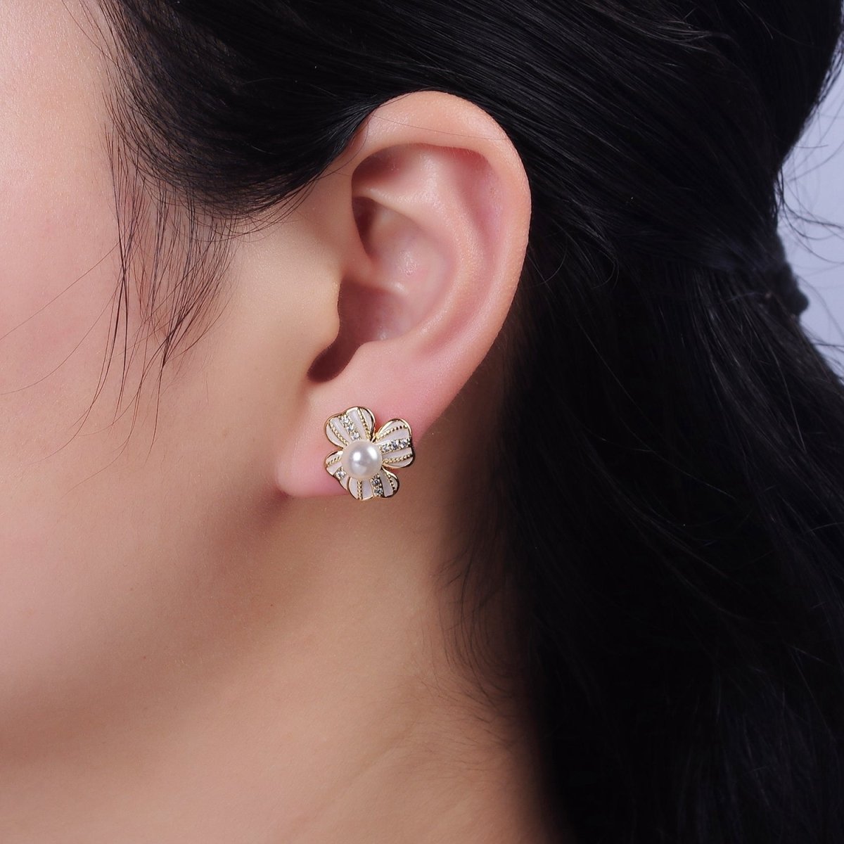 16K Gold Filled Pearl Ribbon Flower White Enamel Micro Paved CZ Stud Earrings in Gold & Silver | AE844 AE845