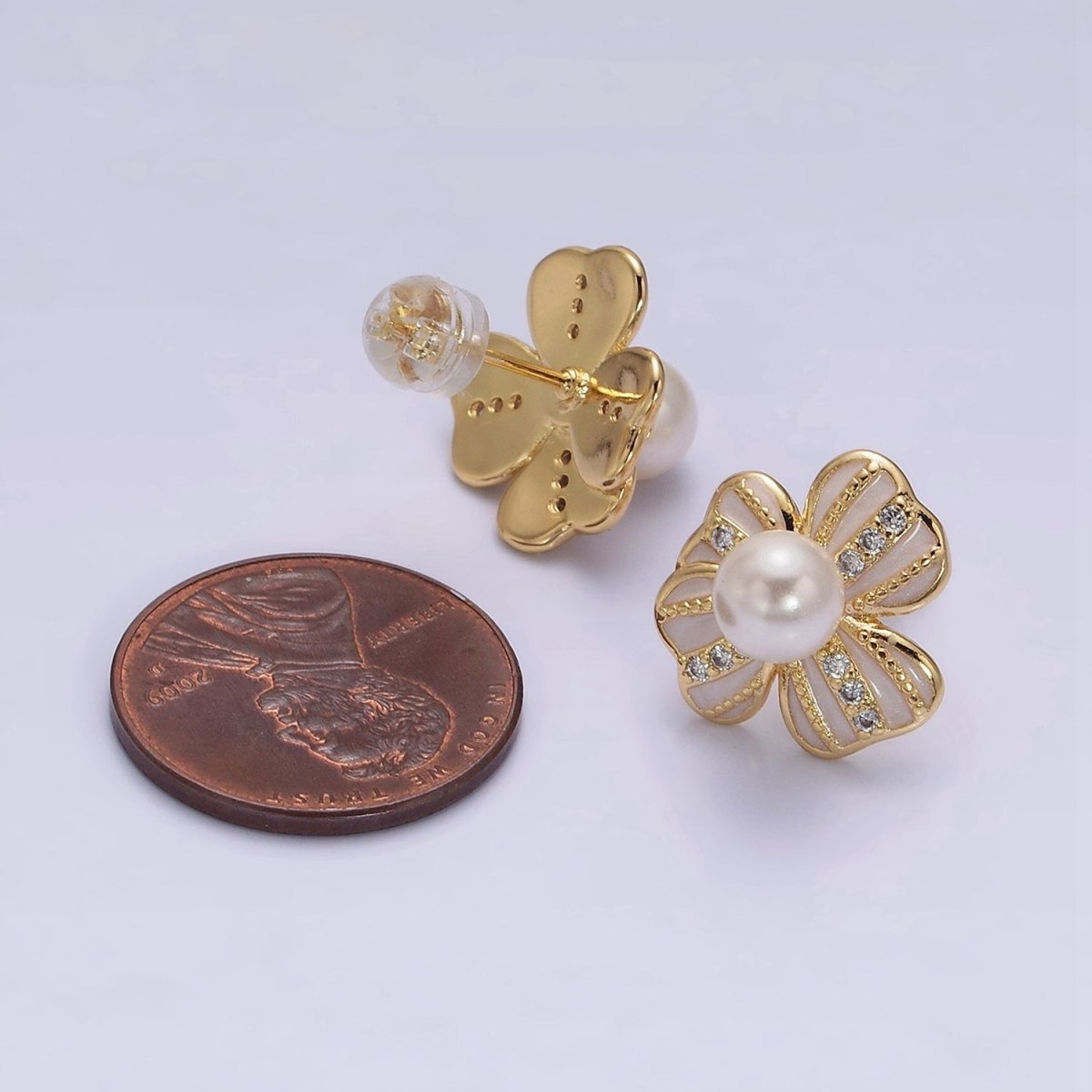 16K Gold Filled Pearl Ribbon Flower White Enamel Micro Paved CZ Stud Earrings in Gold & Silver | AE844 AE845