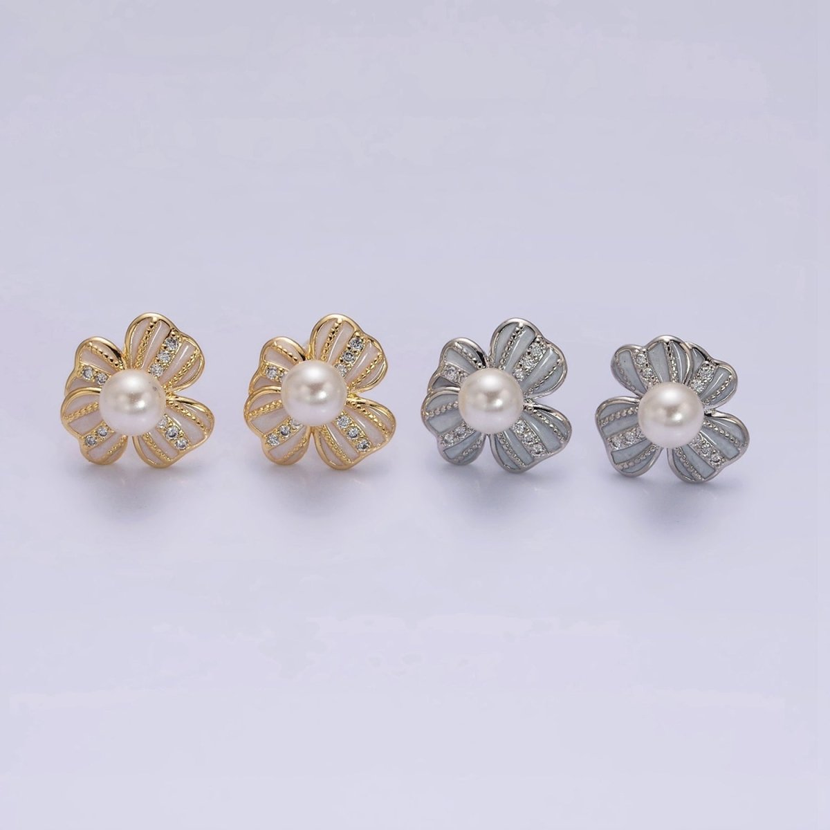 16K Gold Filled Pearl Ribbon Flower White Enamel Micro Paved CZ Stud Earrings in Gold & Silver | AE844 AE845