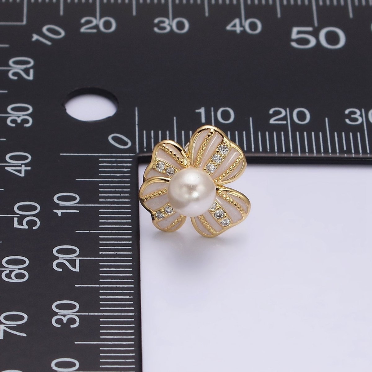 16K Gold Filled Pearl Ribbon Flower White Enamel Micro Paved CZ Stud Earrings in Gold & Silver | AE844 AE845